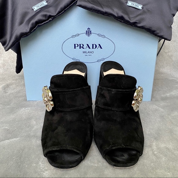 Prada Mule Heels Black Suede Metal Flower - Picture 5 of 8